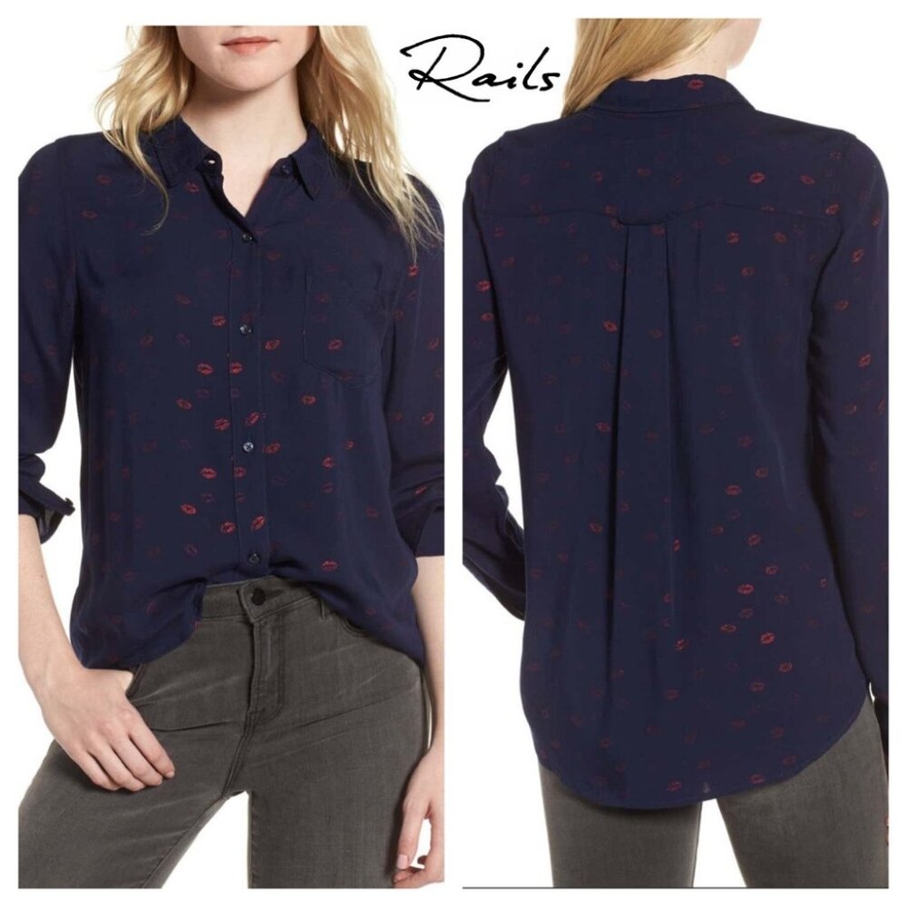 Rails Rocsi kiss print long sleeve navy button down